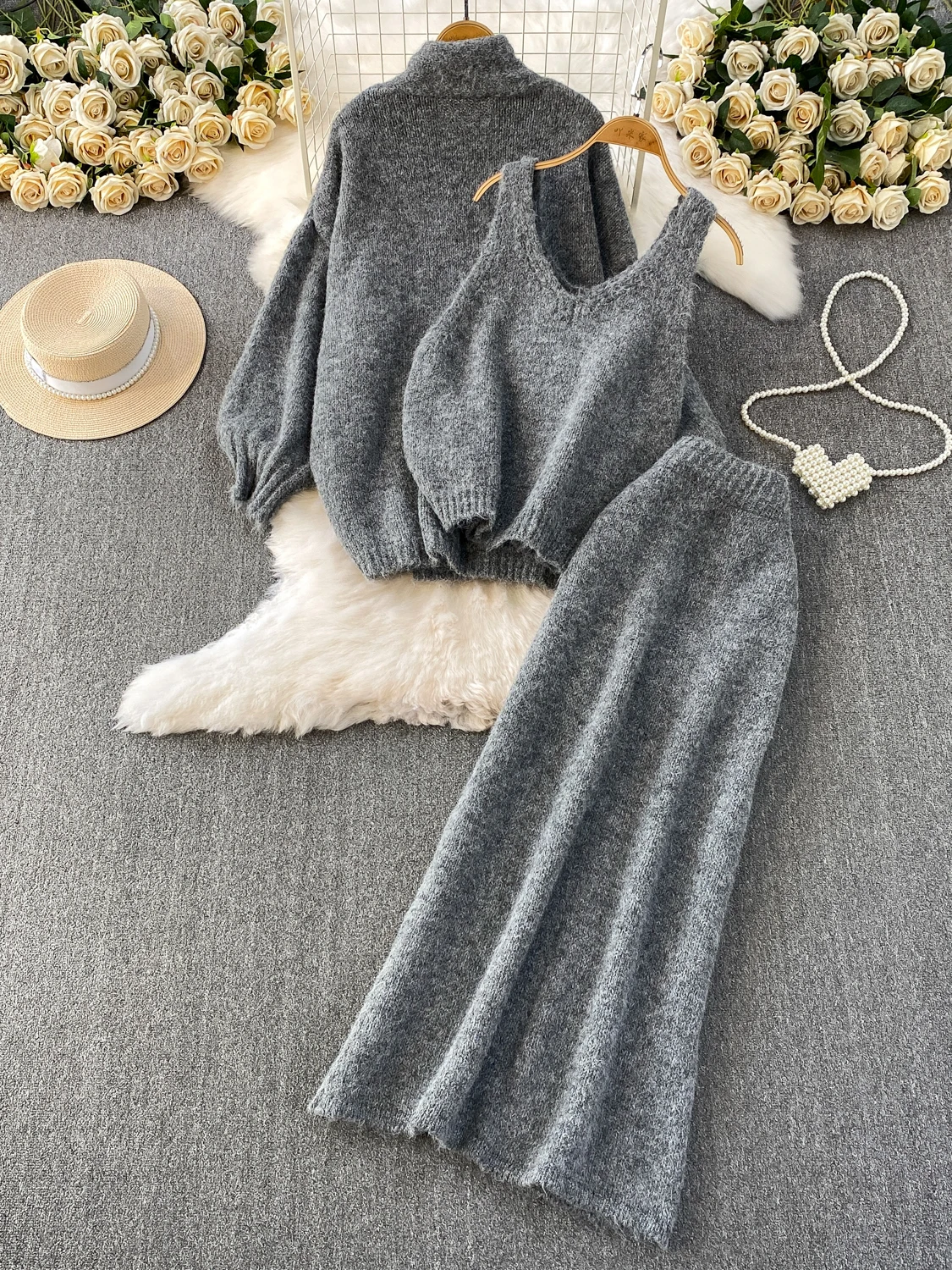 Autumn Winter Soft Plu Cardigan awl Midi Coat + Lady Vest +  Skirt Tee-Piece Set Warm Cozy Fluffy Open Front Outerwear