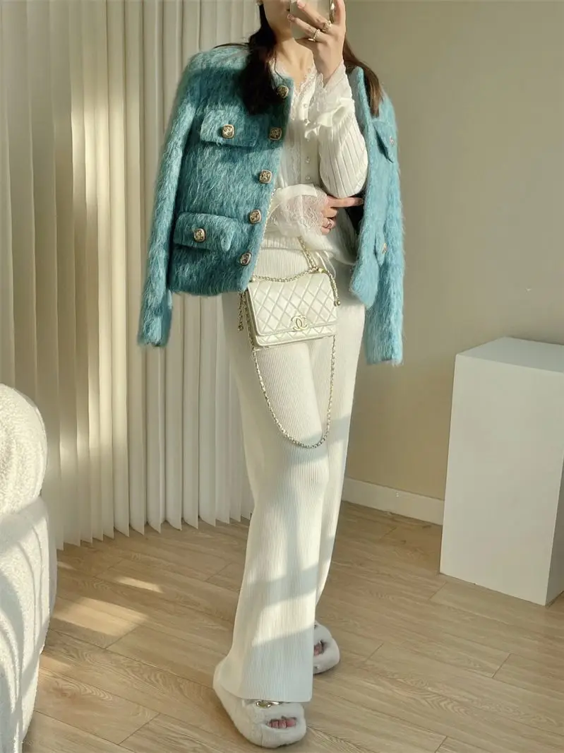 Luxury mink Hair Coat French Elegant Gold Single Breasted O-Neck Long Sleeve Women\'s Spring Autumn New All-matched Blue Jacket