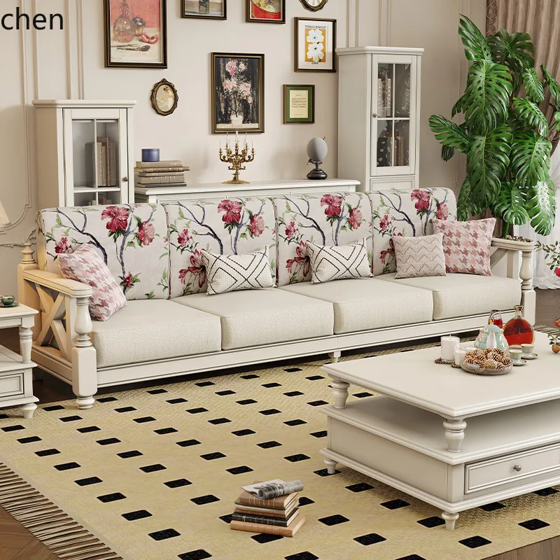 ZML Solid Wood Fabric Retro Small Apartment Living Room Furniture Three-Seater Set