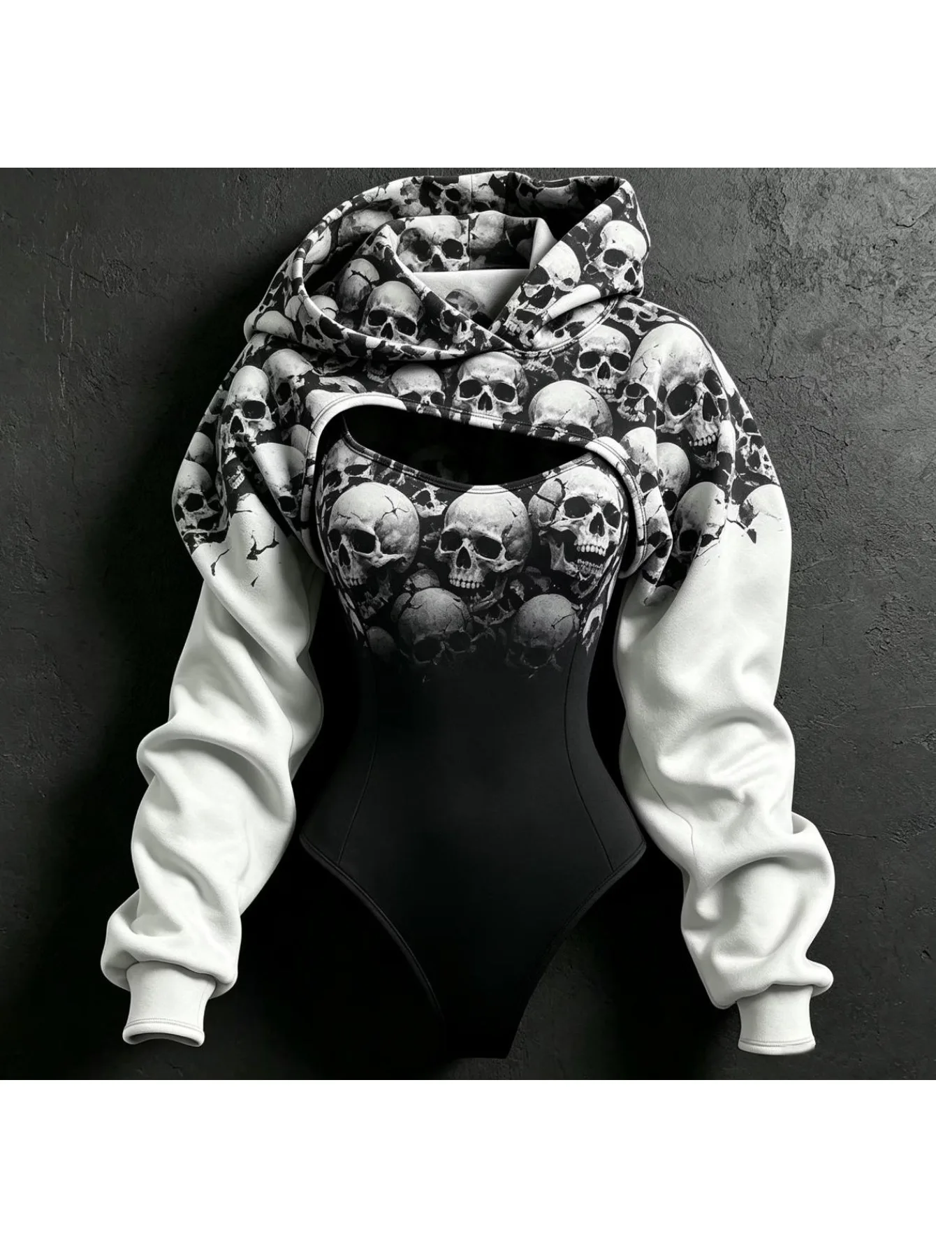 2026 New Women Hooded Skull Gradient Print Long Sleeve Two Piece Bodysuit Cutouts Party Wear Autumn Winter Fashion Women's Top