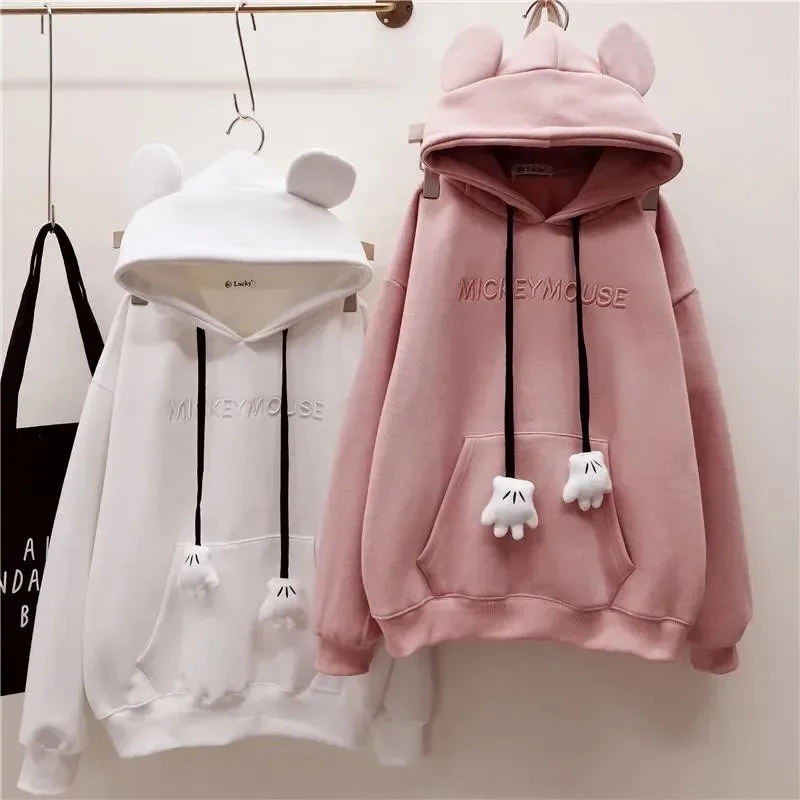 Autumn Winter Sweatshirt Korean Oversized Hoodies Cute Bear Ears Letter Long Sleeve Sweatshirt Fleece Thick Pullover Tops Femmes