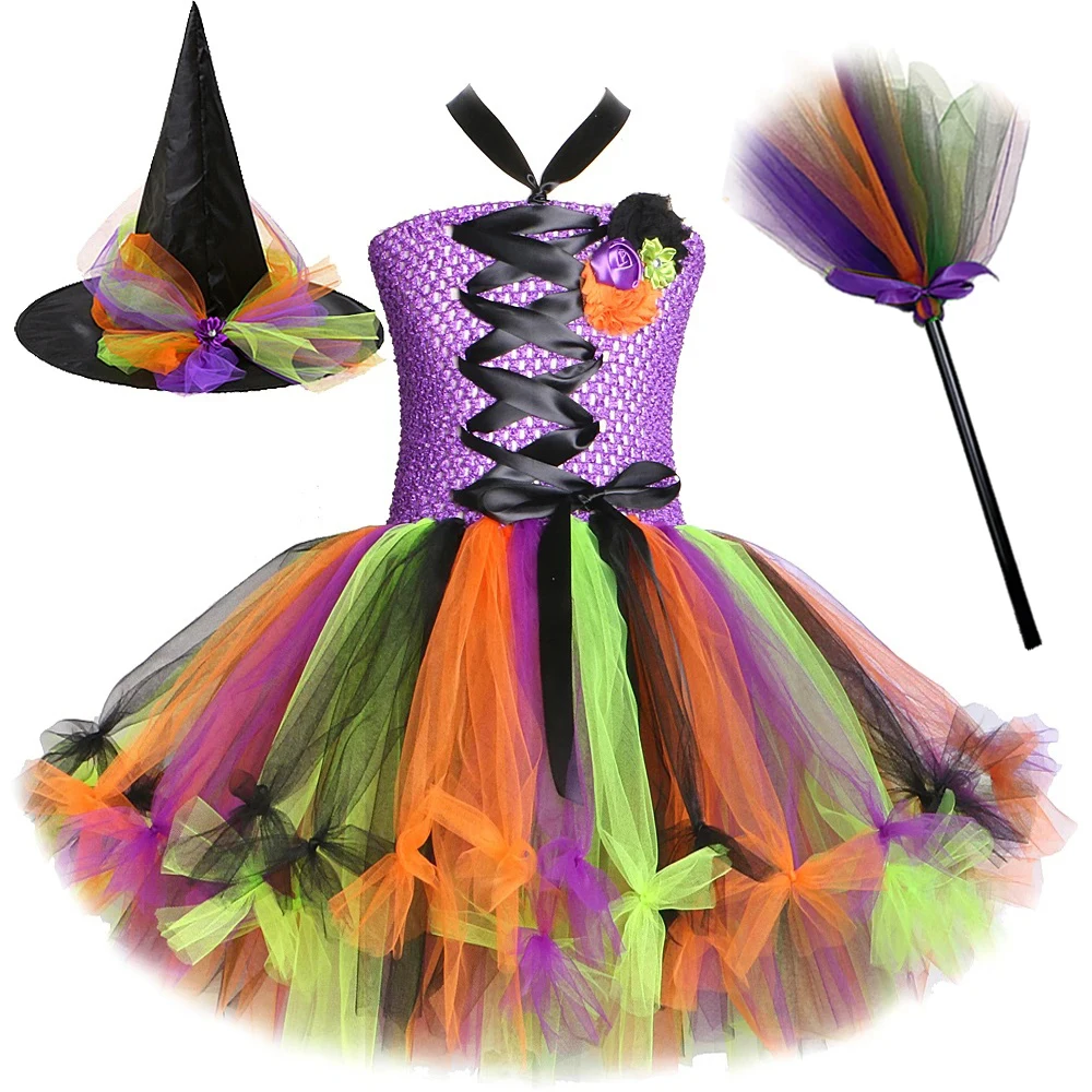 Colorful Halloween Witch Costumes for Girls Carnival Party Fancy Dresses with Magic Broom Kids New Year Outfit Sorceress Clothes