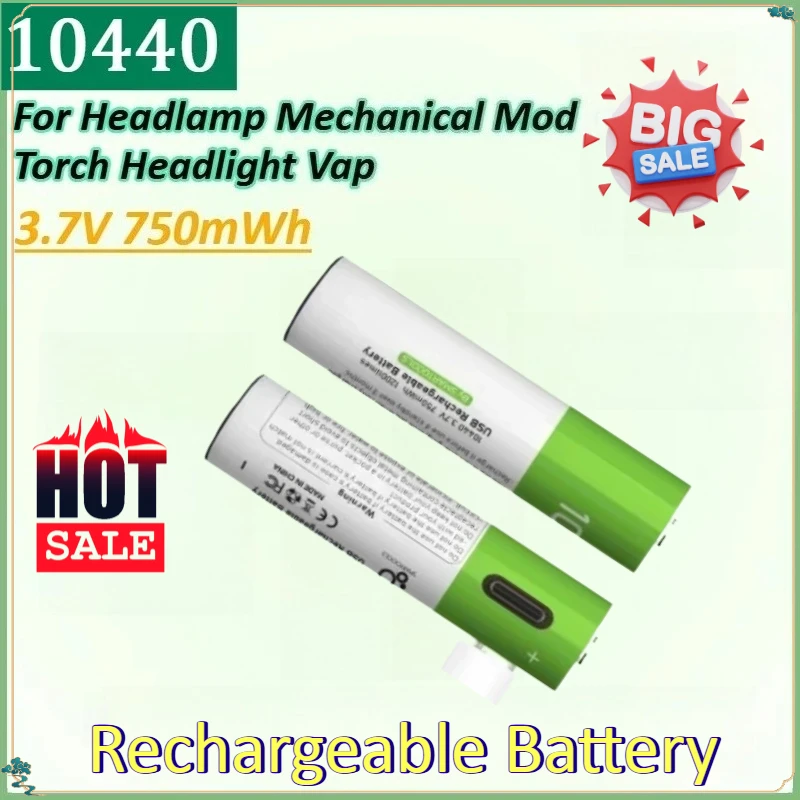 

New 2PCS 10440 3.7V 750mWh USB type-c Rechargeable Li-ion Battery AAA Button Top for Headlamp Mechanical Mod Torch Headlight Vap
