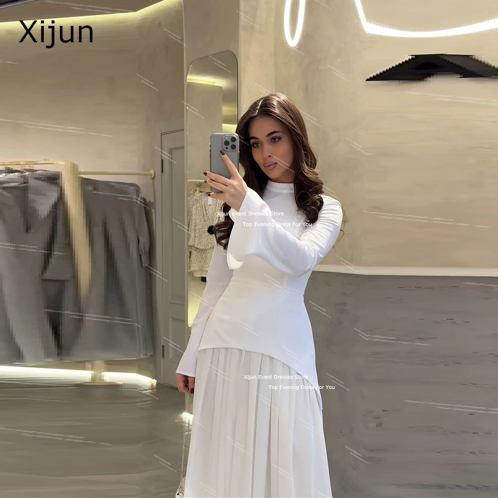 Xijun Elegant White Long Evening Dresses Full Sleeves Ruched Formal Prom Dresses Saudi Arabric A-Line High Collar Prom Gown 2024