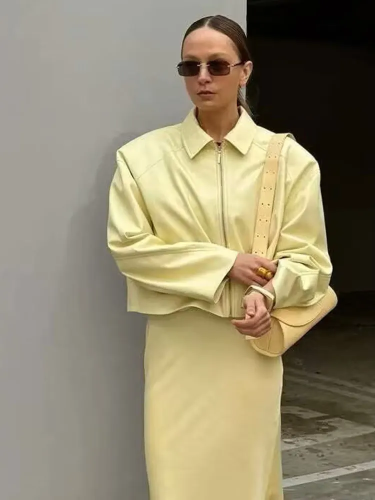 HH 여성 우아한 노란색 인조 가죽 재킷 턴다운 칼라 긴 소매 지퍼 코트 패션 하이 스트리트 여성 아우터웨어