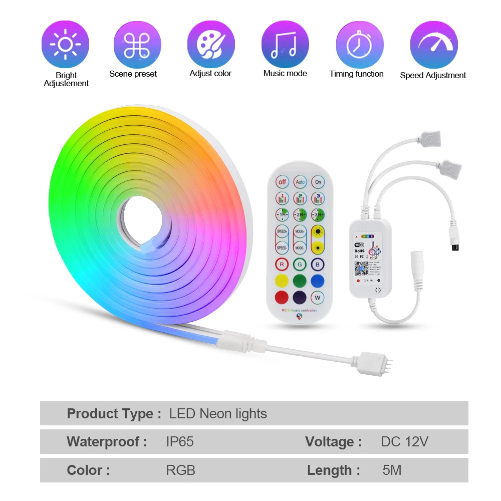 Imagem -06 - Tuya Smart Life Rgb Neon Strip Light Fita de Luz Wi-fi Bluetooth Controle App Ip65 Smd3535 Ip65 12v 96leds Casa