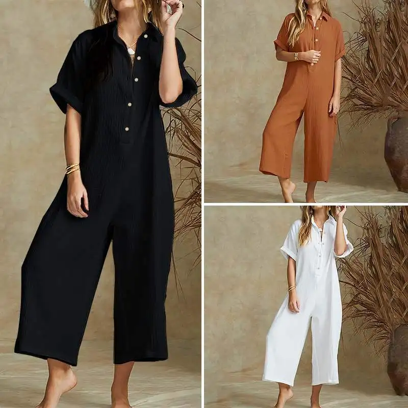 

Women's Casual Half Sleeve Loose Wide Leg Jumpsuit Solid Button Front Breathable Summer Clothing Pattern Decoration ODM Supply