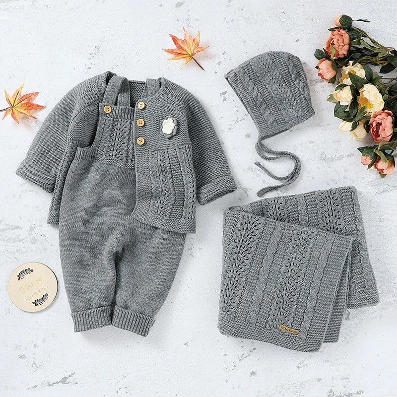 Somenie ins hot-selling baby girl suit solid color cardigan jacket + suspender jersey climbing suit + hat + blanket 4-piece set