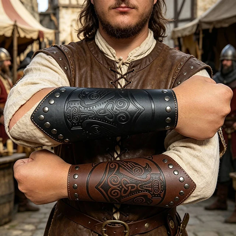1Pcs Viking Barbarian Faux Leather Wrist Guards Bracers Unisex Halloween Cosplay LARP Costume Accessories