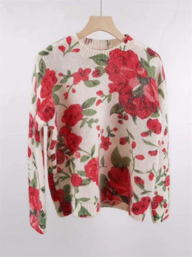 

Mohair Wool Blends Women Long Sleeve Knit Sweater Rose Printed Soft and Comfortable Lady Jumper New 2024 Spring