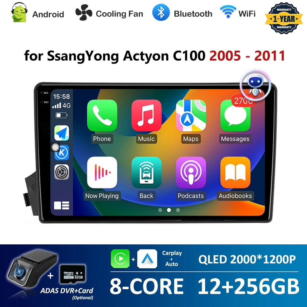 

Wireless Carplay Car Radio Multimedia Player for SsangYong Actyon C100 2005 - 2011 Android Auto GPS Navigation 4G DSP Stereo