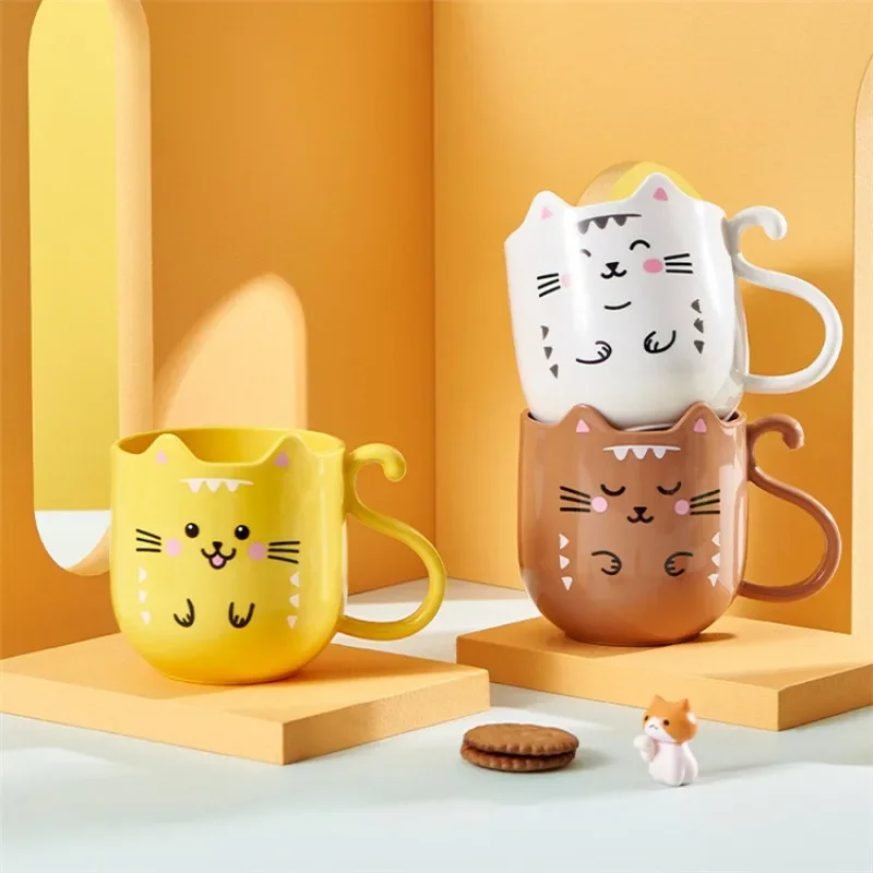 1pc Cute Cartoon Cat Mug  Gift   Perfect   Travel Thickened Plastic Wash Cup Gift  Children Plastic Mug