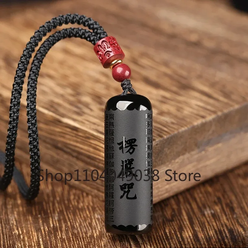 Obsidian Shurangama Mantra Pendant Year Rabbit Heart Sutra Necklace Adjustable Length Perfect Birthday Gift Friends Loved Ones