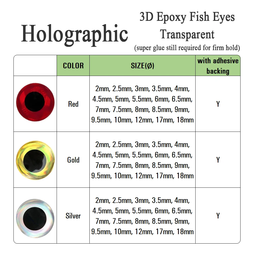 ICERIO 100PCS Holographic 3D Epoxy Fish Eyes for Fishing Fly DIY Lures Jig Baits Crankbaits Making Material 2mm~18mm