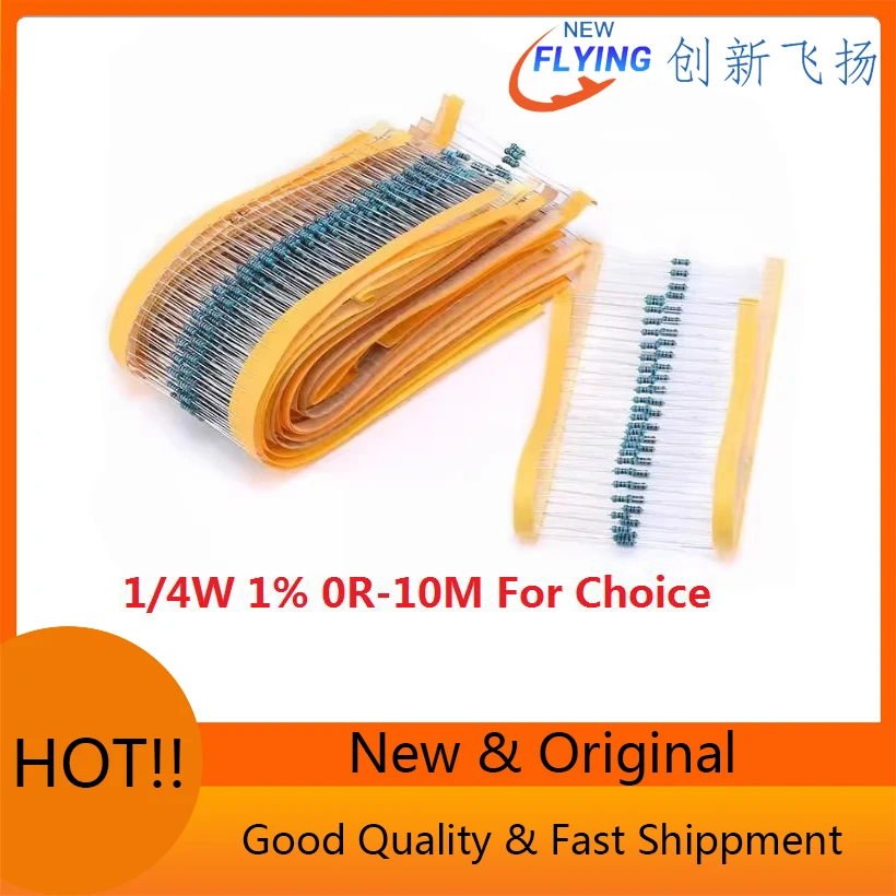 무료 배송 100 개/몫 0.25W +-1% 10K 옴 220R 4.7k 2.2K 1K 100K 470K 360R 560R 820R 910R 1/4W 0R--10M 금속 필름 저항기