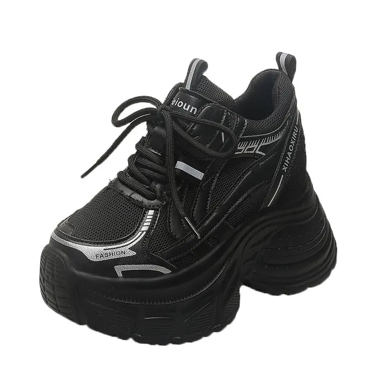 10 centimetri Air Mesh Genuino Cuoio DELL'UNITÀ di elaborazione Delle Donne Skate Boarding Tacchi di Alta Marca Casual Scarpe Vulcanizzate Della Piattaforma Della Cuneo Estate Autunno scarpa