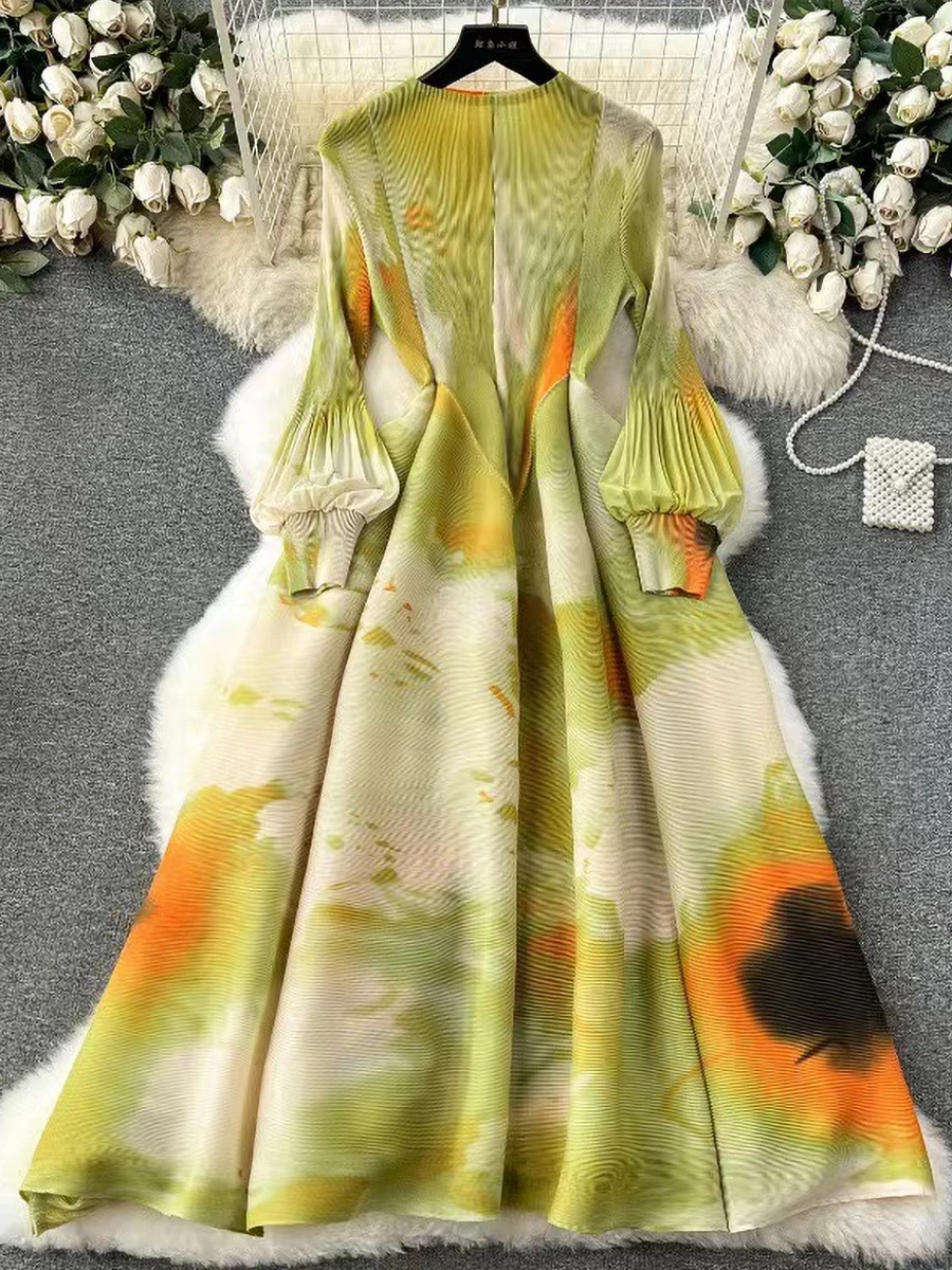 2026 New Summer Luxury Party Clothes 2A705 ANLAN Maxi Pleated Dress Print Color Block Full Sleeve Fold Holiday Outfits Womens