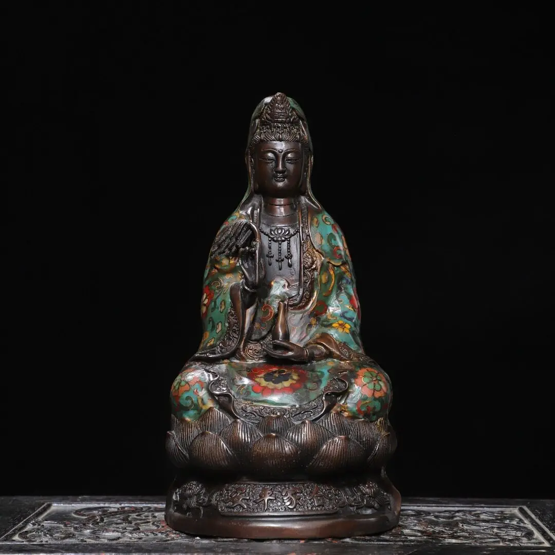 Handmade Vintage Brass Cloisonne Enamel Nanhai Guanyin Statue Home Altar Decor
