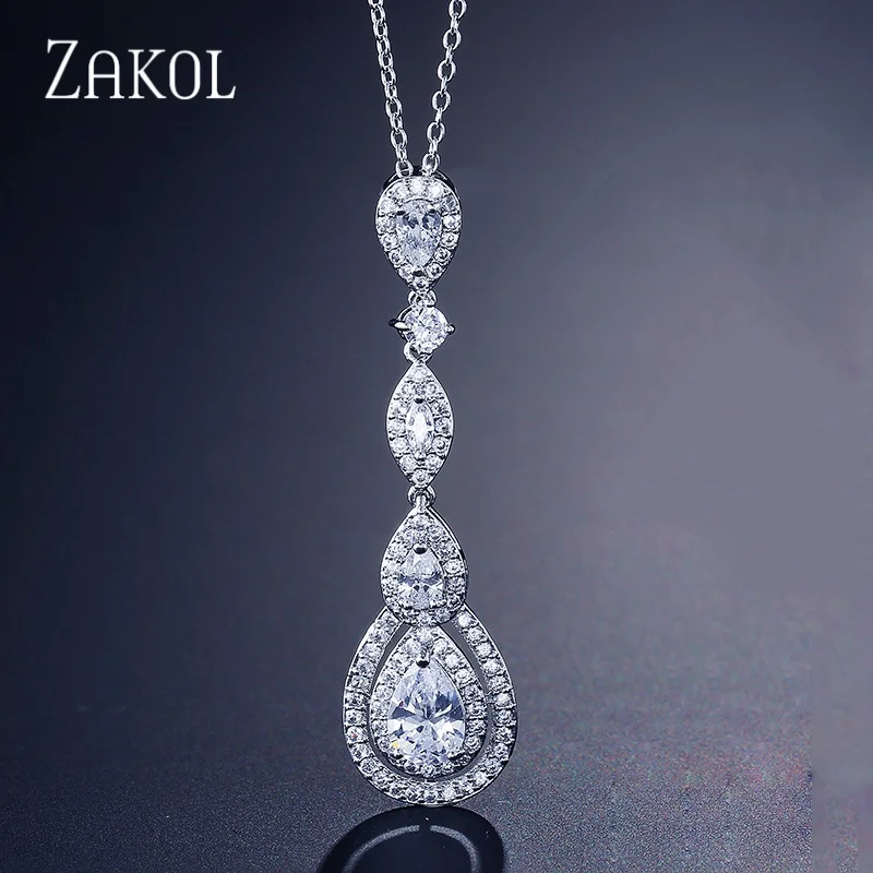 ZAKOL Fashionable Water Drop Shape Zircon Necklace For Women Elegant Charms Silver Color Bridal Wedding Jewelry Accessories