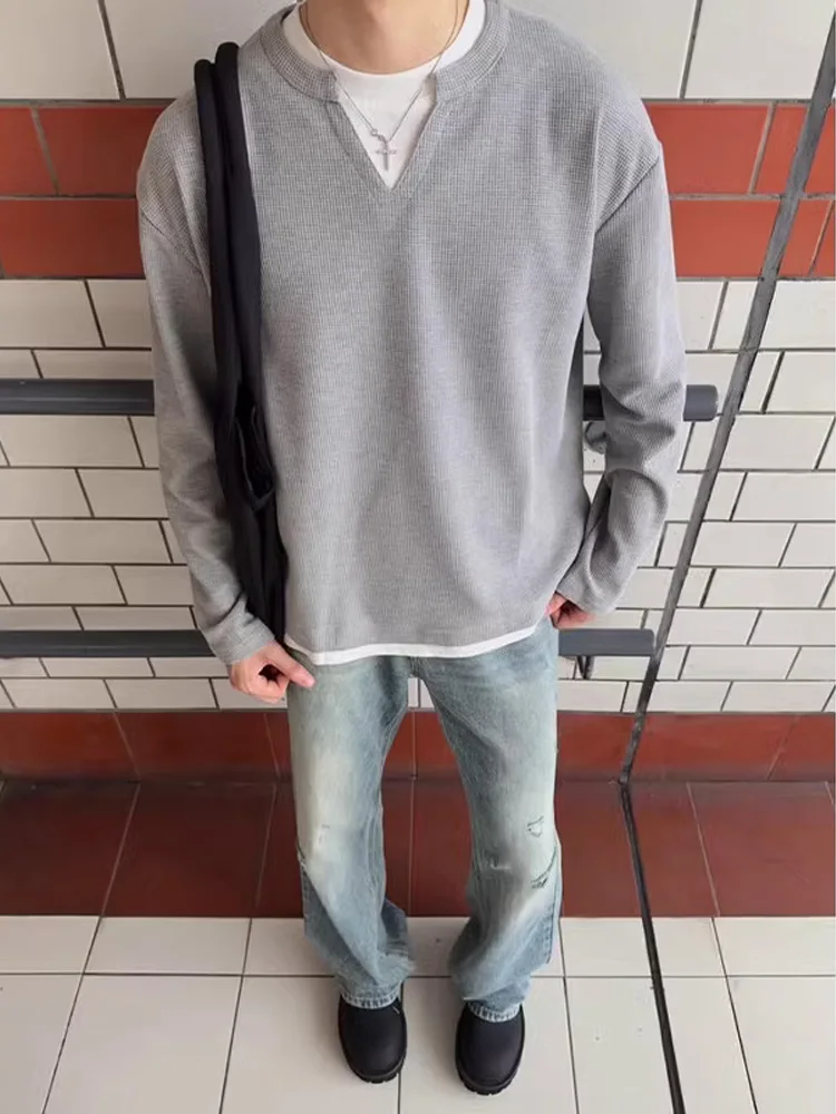 

Hualafei Men's V-Neck Long Sleeve T-Shirt American Retro Grey round Neck Sweatshirt Autumn Inner Wear Outer Wear Casual Loose...