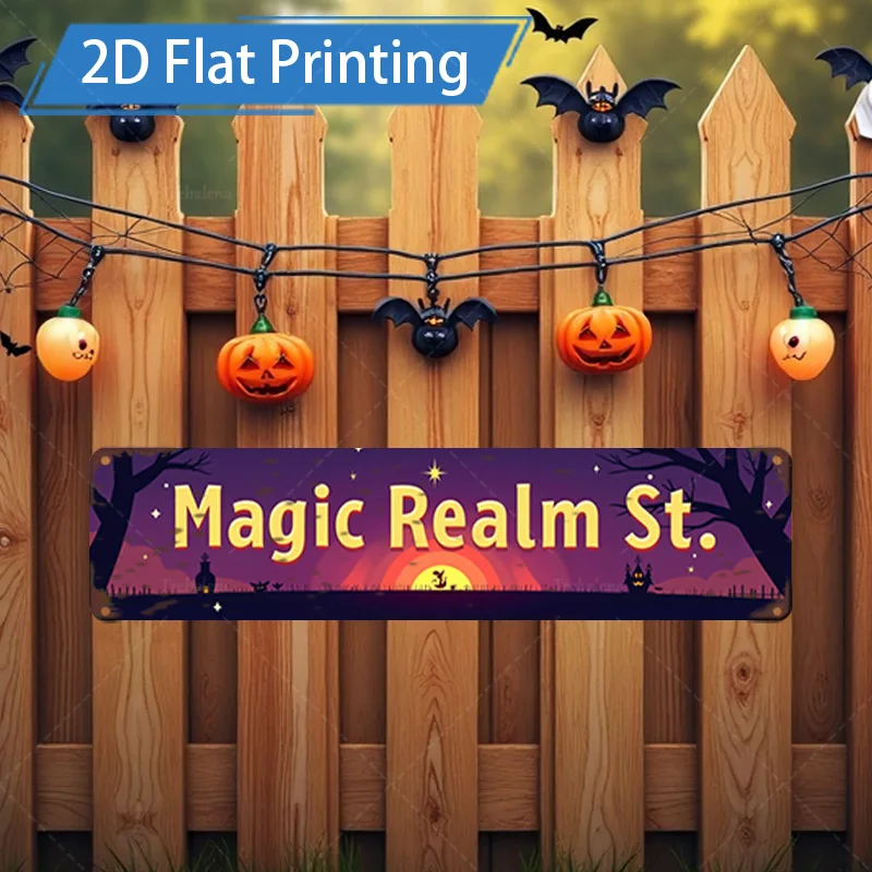 1pc Metal Sign, 4x16inch Halloween Magic Realm Street Sign with Pumpkin Bat Lights Decor