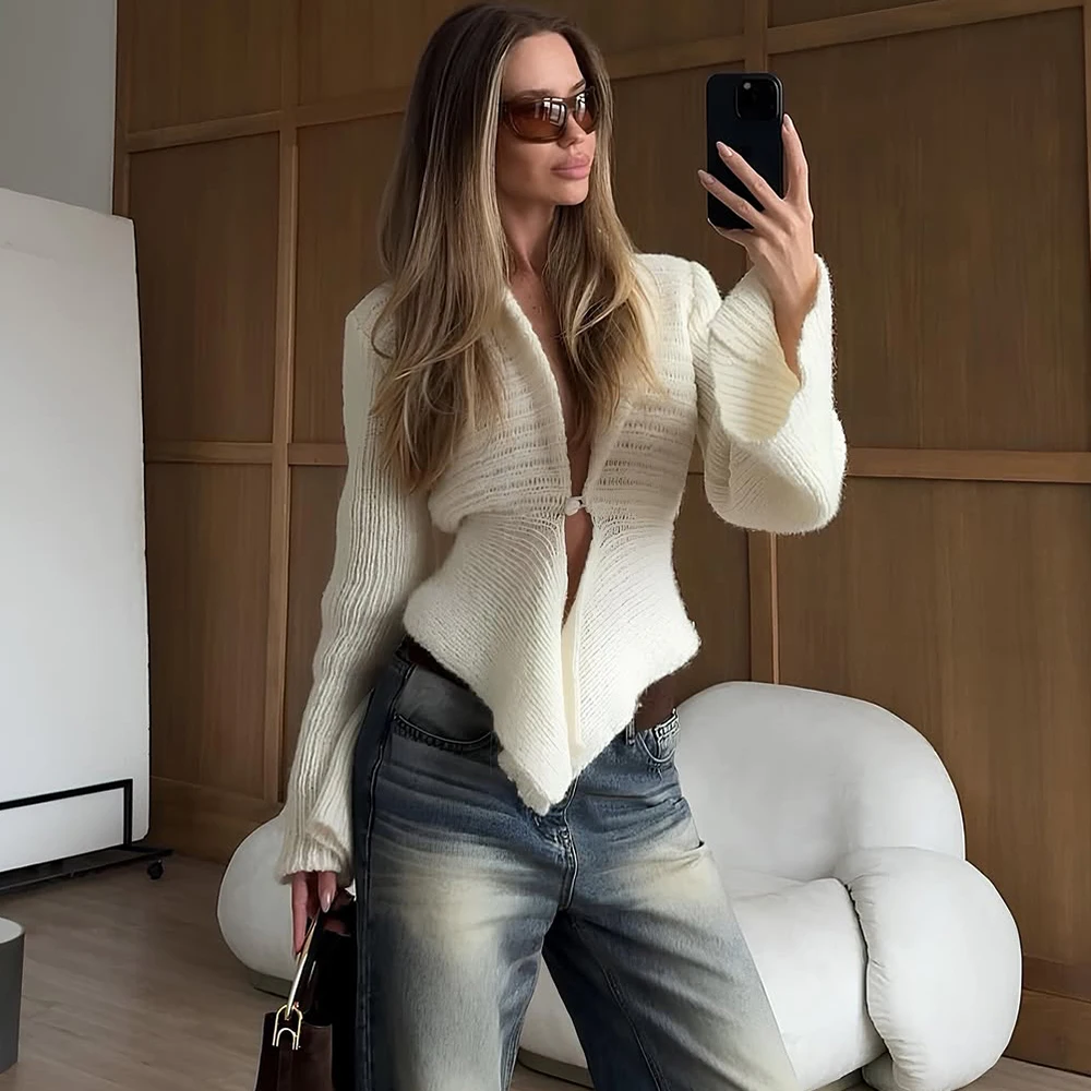 Herbst Strickjacke frauen Neue Vintage Aushöhlen Lange-Ärmeln Pullover 2025, Casual Streetwear Weiß Stricken Top Weibliche