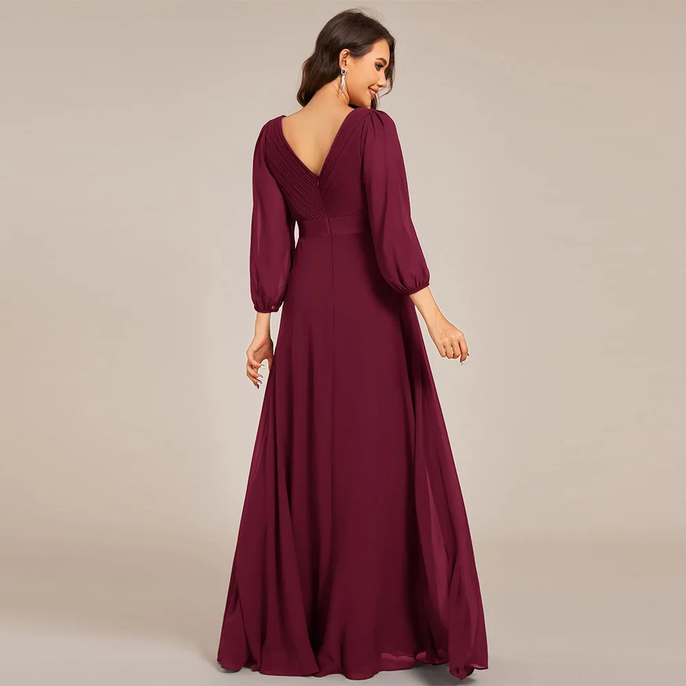 فستان نسائي شيفون مخصص على شكل حرف a طول الأرض ورقبة على شكل V وأكمام طويلة مطوي فستان سهرة رسمي فستان أم العروس 2025