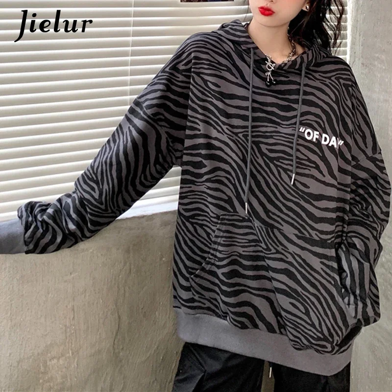 Jielur Autumn New Style Loose Long-sleeved Gray Zebra Stripes Hoodies Female Letter Printed Pocket Hooded Sweatshirts Women M-XL