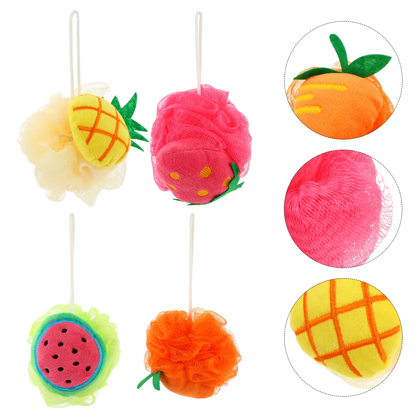 

4Pcs Cartoon Fruit Shower Ball Mesh Bath Puff Soft Gentle Scrubber Exfoliating Bath Tool for Kids Baby Clean Skin