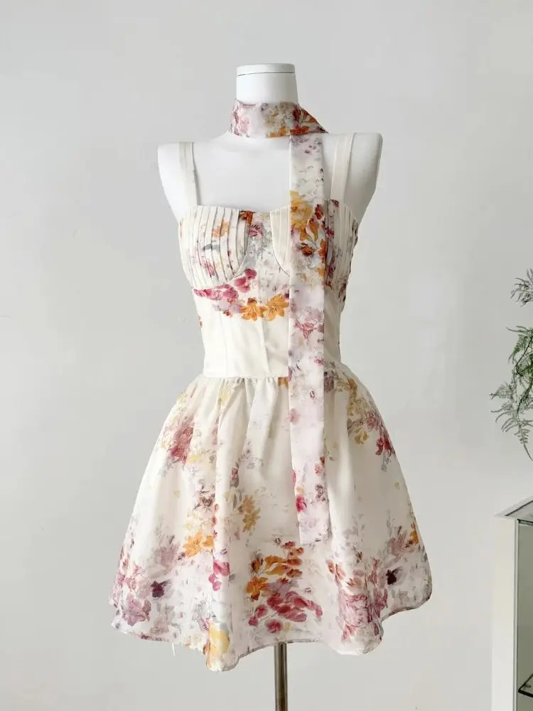 

Summer Handmade Fishbone Printing New Sleeve Pleats Elegant Dress Design Fashion Party Cocktail Women's Dresses Belt Scarf 2025