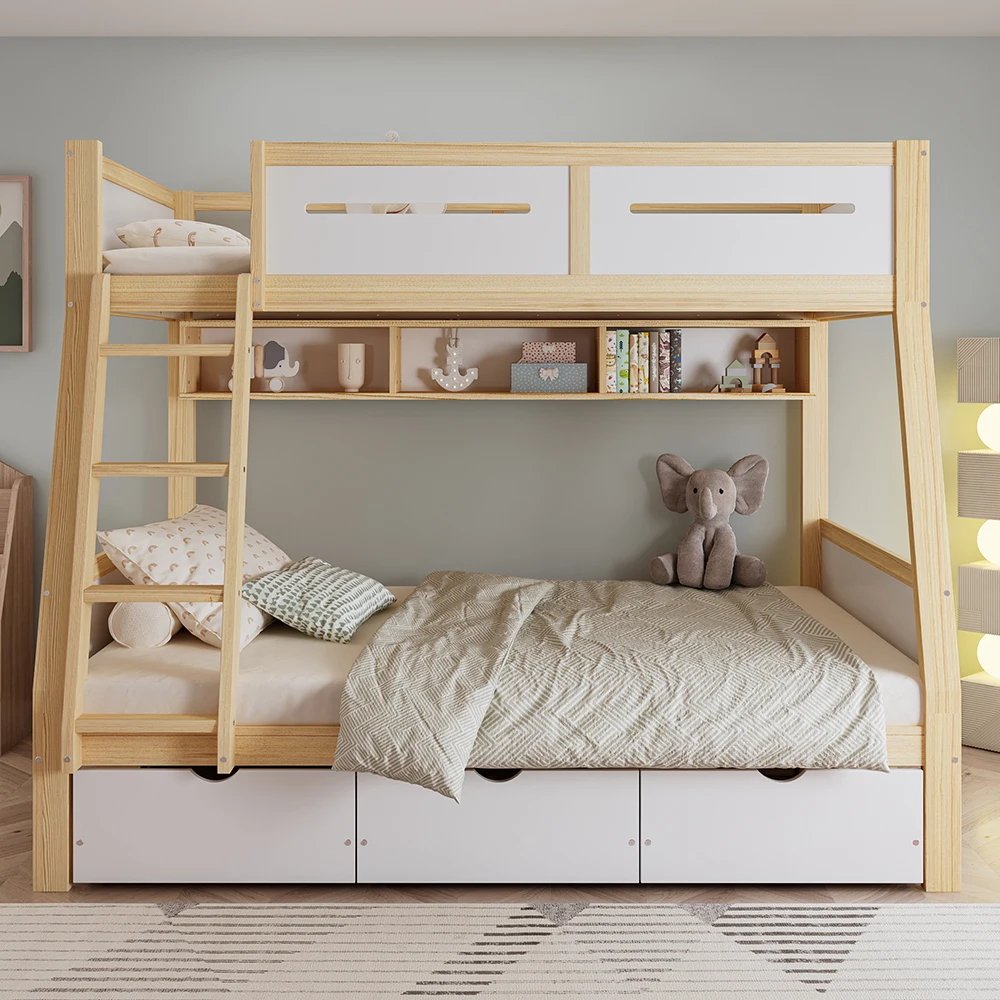 KOMHTOM Letto a castello Letto per bambini con 3 cassetti, recinzione sicura su quattro lati + gradino, 90x200 cm e 120x200 cm