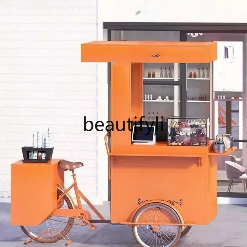 yj21 Snack Cart Stall Night Market Tricycle Reverse Riding Donkey Trendy Shop Decorative Flower  Mobile Coffee Barista Milk Tea view 4