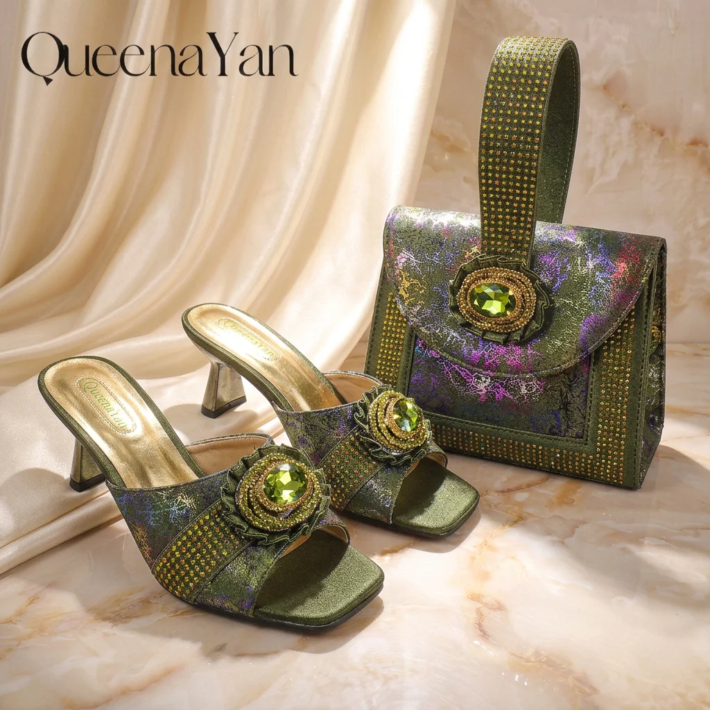 2026 New Olive Set High-Heel Shoes and Handbag Set Sparkling Rhinestone Party Shoes and Bag in Big Size Perfect for Occasions