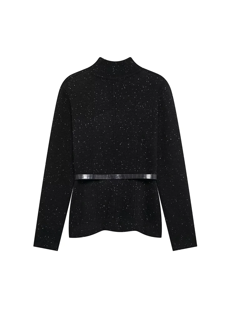 2024 New Autumn/Winter Women High Neck Knitted Shirt Fashion Ladies sequined Long Sleeve Hoodie with Belt