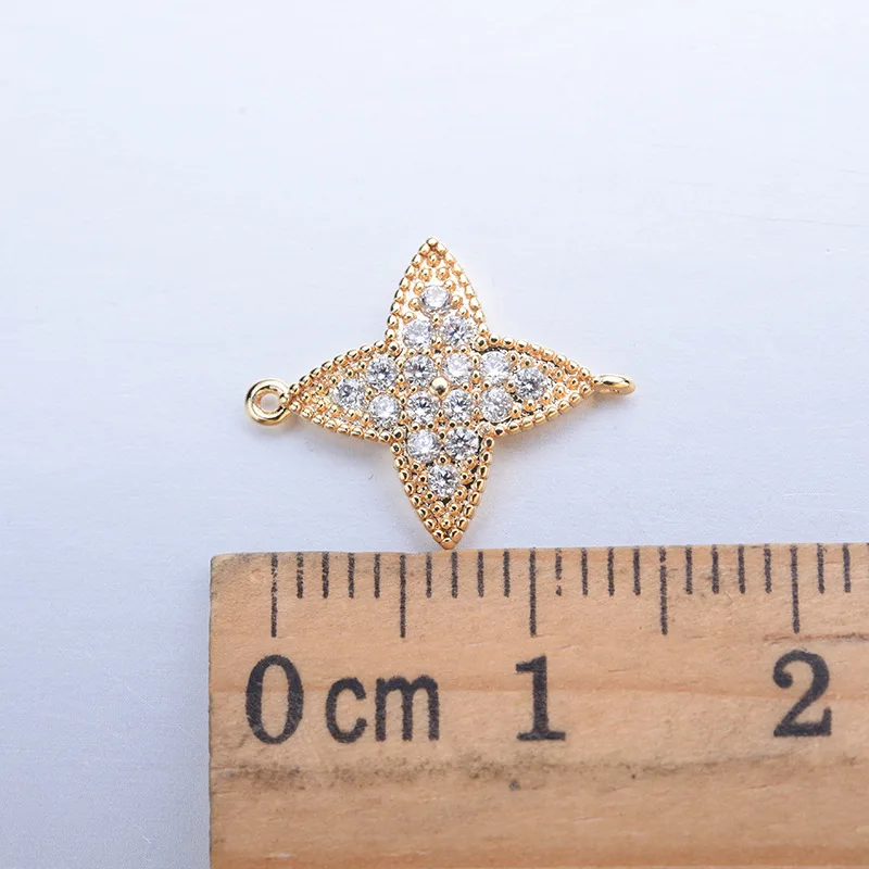 (1875)4PCS 11x15MM 24K Gold Color Brass with Zircon Flower Connector Charms High Quality DIY Jewelry Making Findings Accessories