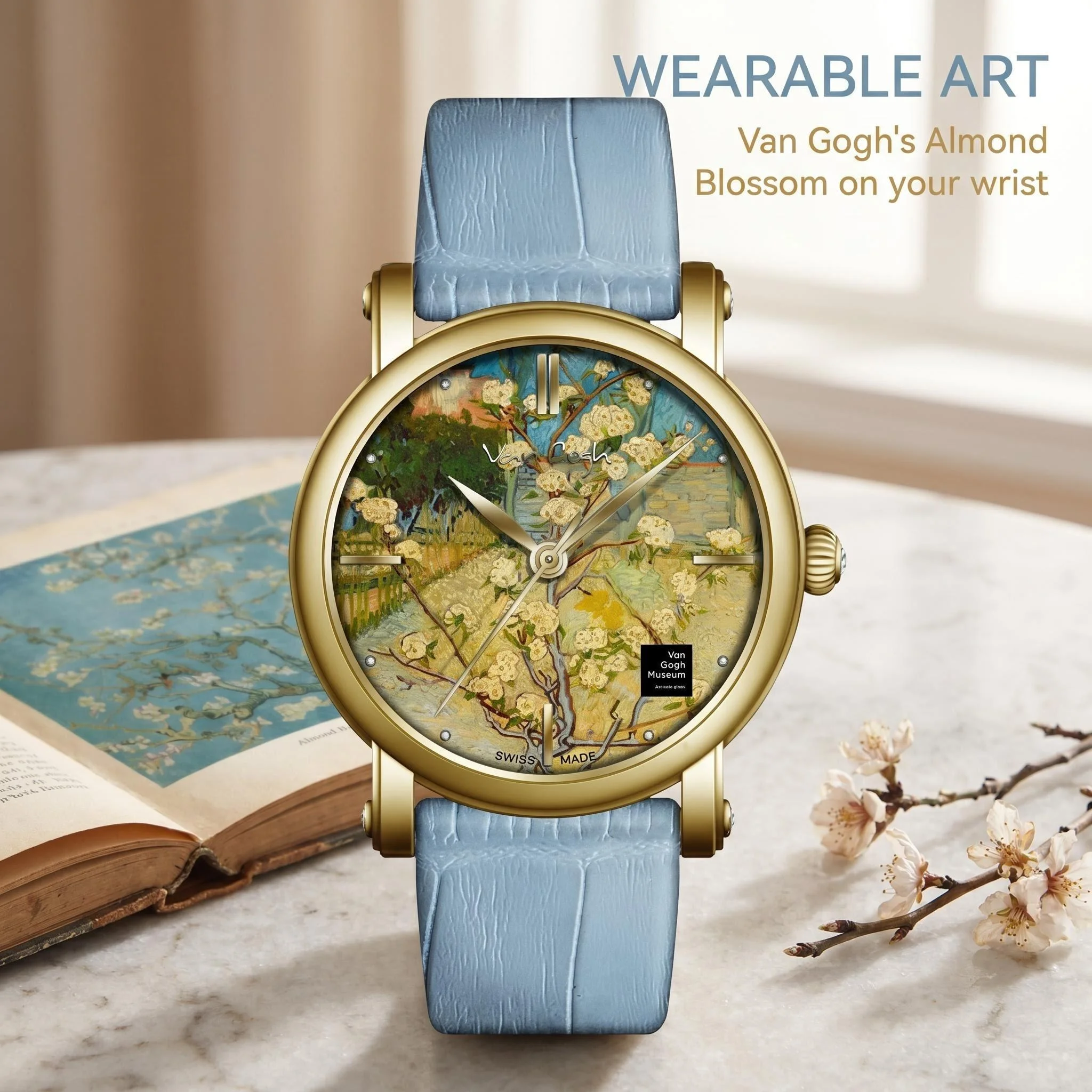 Van Gogh Almond Blossom Art Watch 36mm Women Leather Quartz Wristwatch Waterproof Function Dress Watch