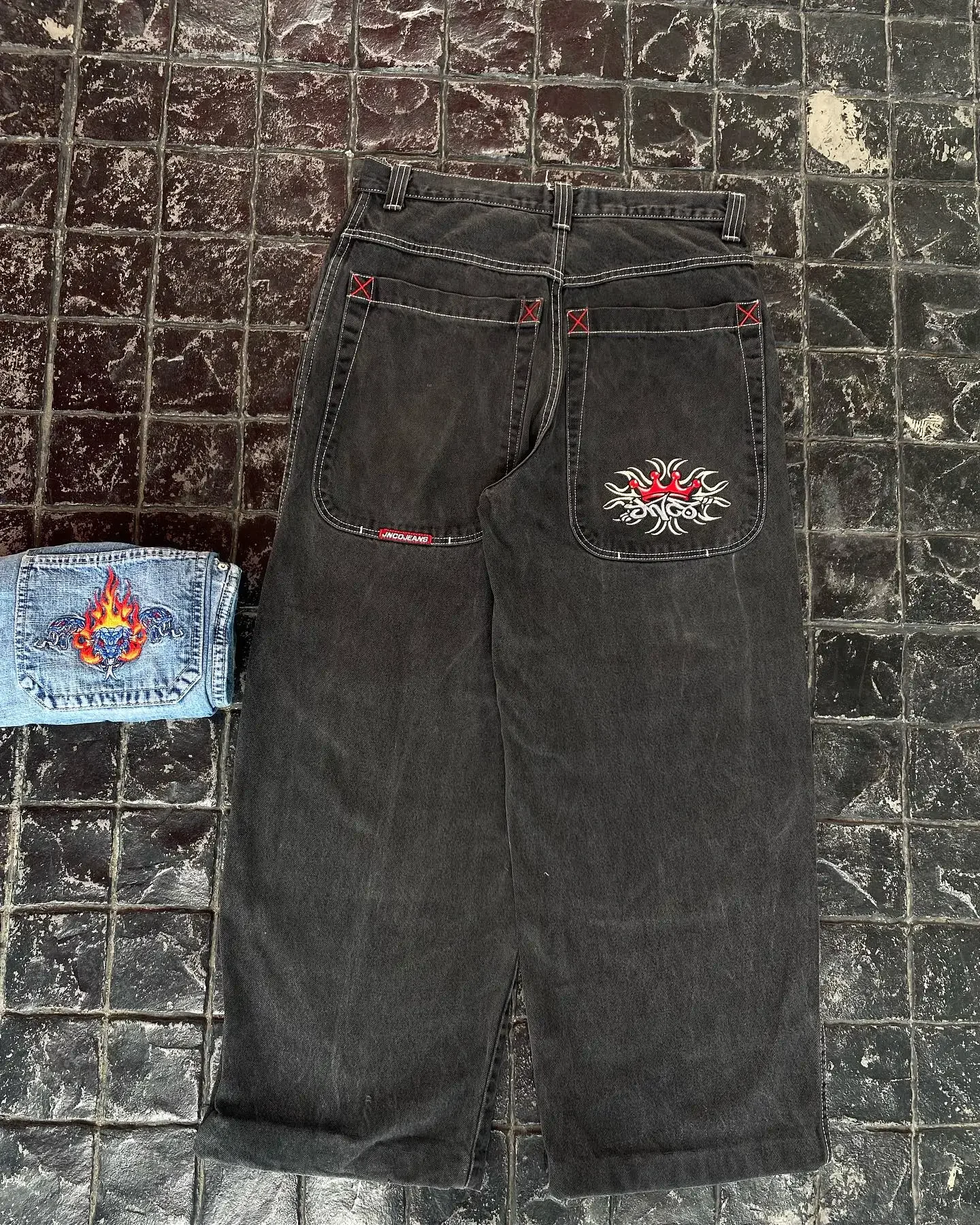 Celana panjang Denim, celana jins longgar motif pola, celana jins kaki lebar, celana Vintage ukuran besar, celana panjang Denim untuk pria dan wanita