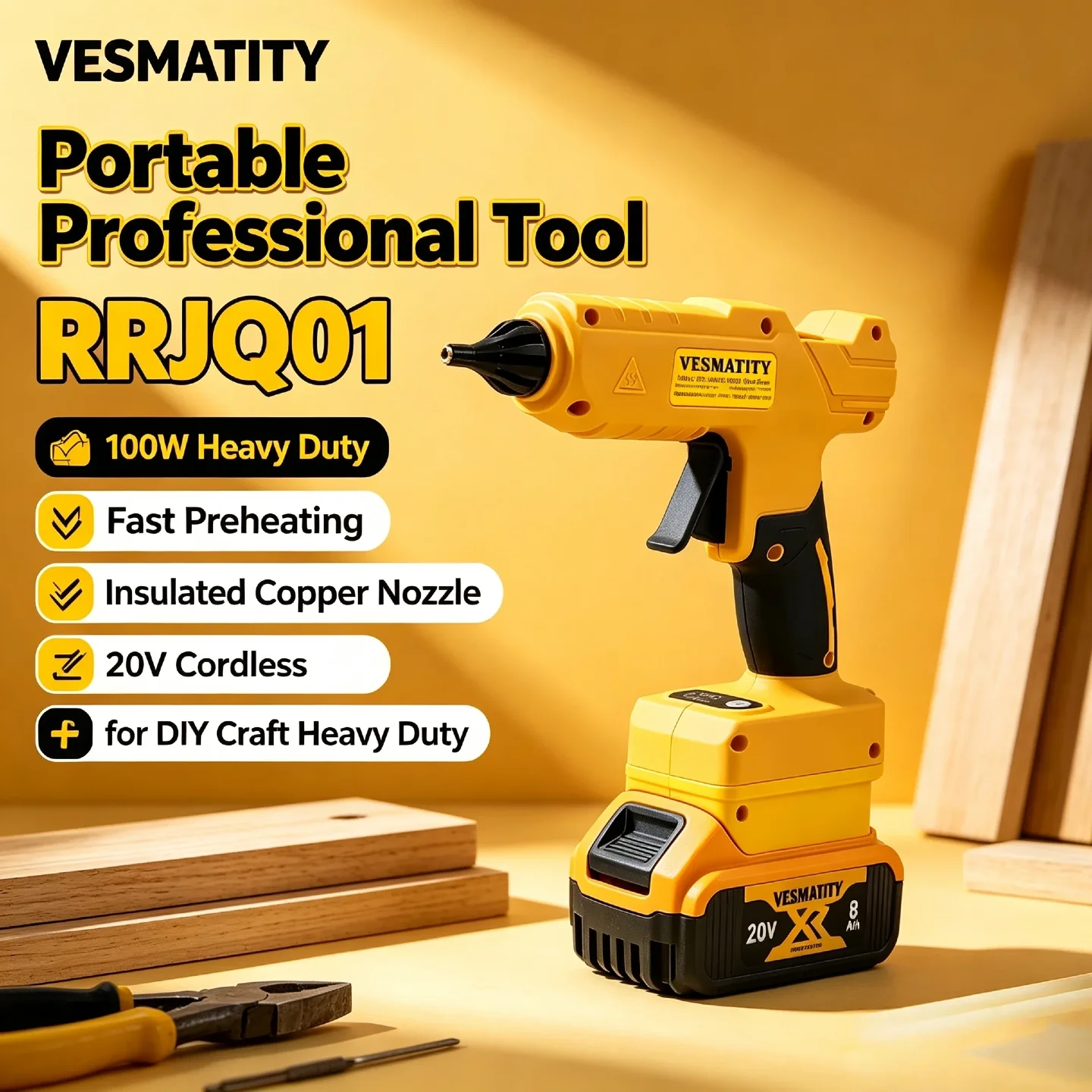 VESMATITY RRJQ01 Cordless Hot Glue Gun 100W Heavy Duty Fast Preheating Insulated Copper Nozzle 20V for DIY Craft Long Life