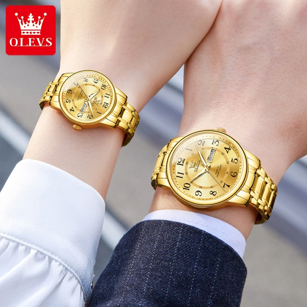 OLEVS-Ensembles de montres de couple pour hommes et femmes, montre-bracelet à quartz en acier inoxydable, cadeau de luxe, haute qualité, 2891