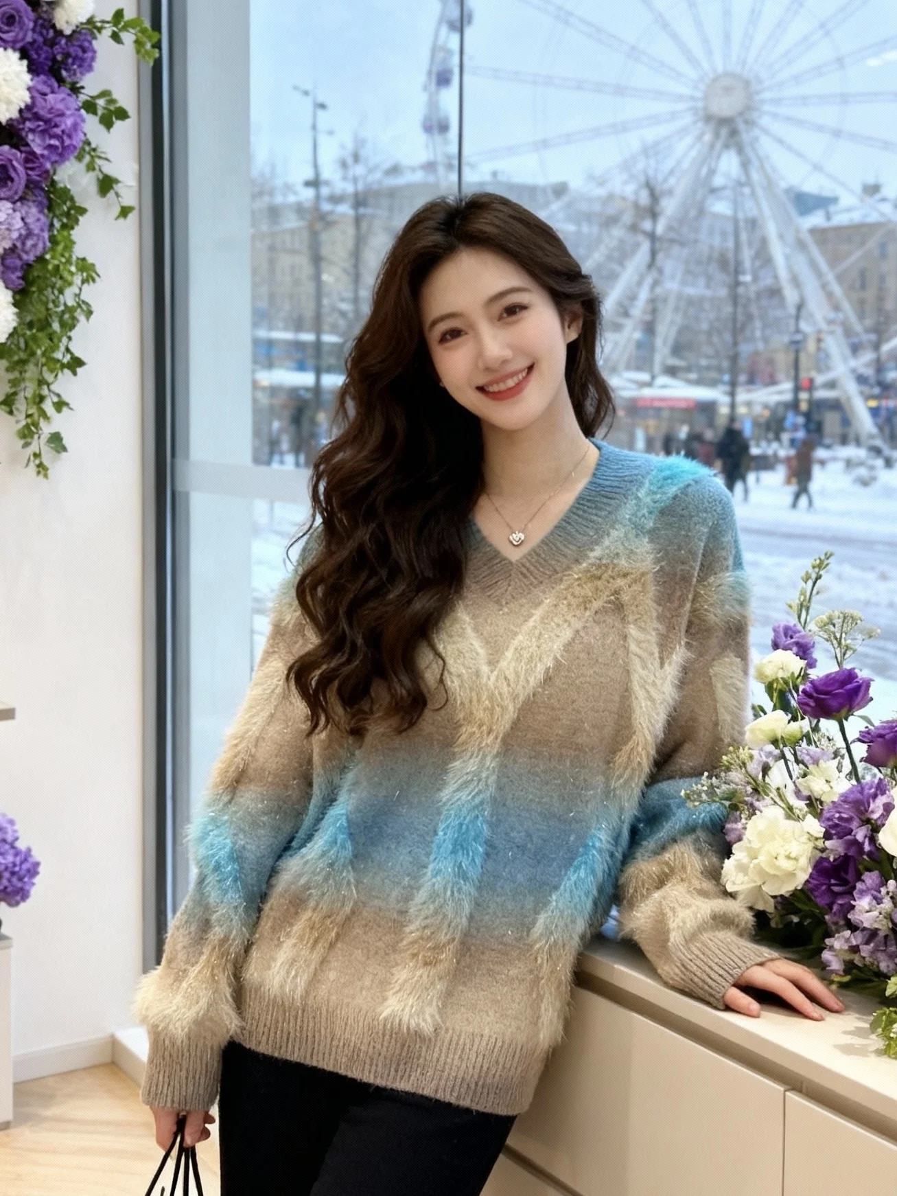 

Cashmere Soft Pullover Women Rainbow Gradient Sweater V Neck Design Knitted Jumpers Korean Style Autumn Winter New F395