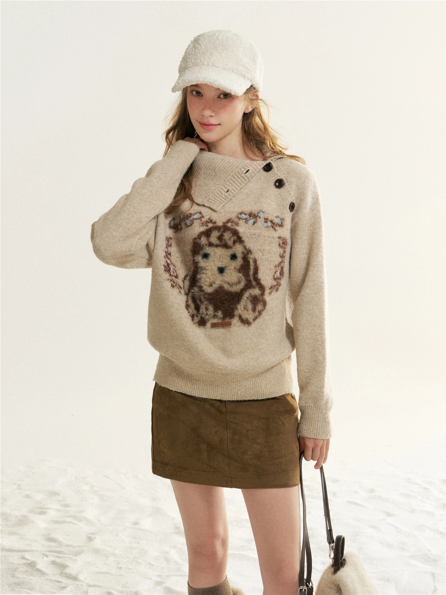 

6DEWS Brede Little Dog Faux Mink Knitted Sweater Women's Vintage Fun Overhead Knitwear Loose Fit Long Sve Winter Top