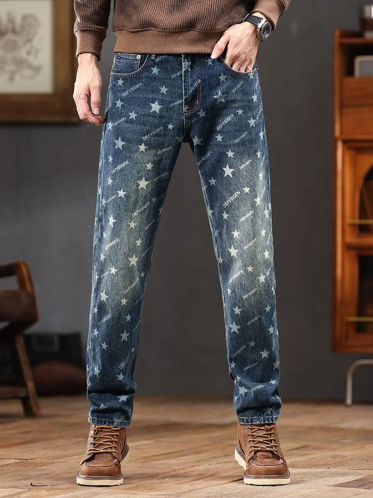 

Stars Letter Print Jeans Men's Autumn Winter New American High Street Slim Straight Casual Long Pants Cotton Stretch Denim