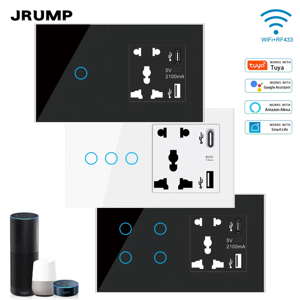 JRUMP WIFI or Zigbee Smart Touch Switch Voice Control Switch With UK Smart Power and USB+typeC 5 Hole Socket  Work Alexa Echo