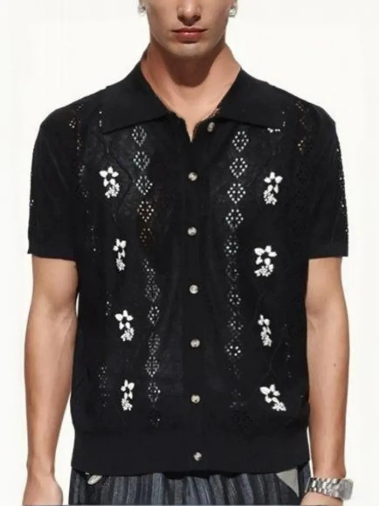 Fashion Single-Breasted Men Turn Down Collar Flowers T-Shirt Short Sleeves Solid Color Hollow-Out Embroidery Male Tank Top
