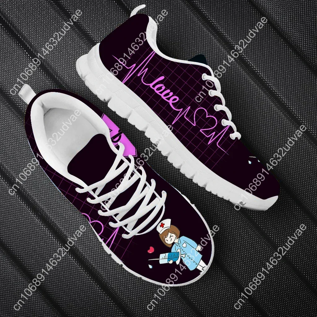Kawaii Nurse Doctor Print Flat Shoes For Women Purple ECG Heart Beat Footwear Hospital Worker Zapatos De Mujer