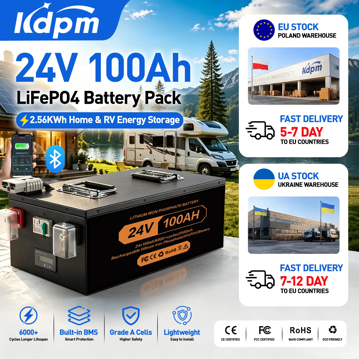 EU PL UA Storck 24V 100Ah 200Ah 2.56kWh 5.12kWh LiFePO4 Battery Pack 25.6V Rechargeable Lithium Battery 6000+ Cycles with BMS, A-Grade Cells, and Bluetooth, for Solar, RV, Golf Cart, and Boat Applications