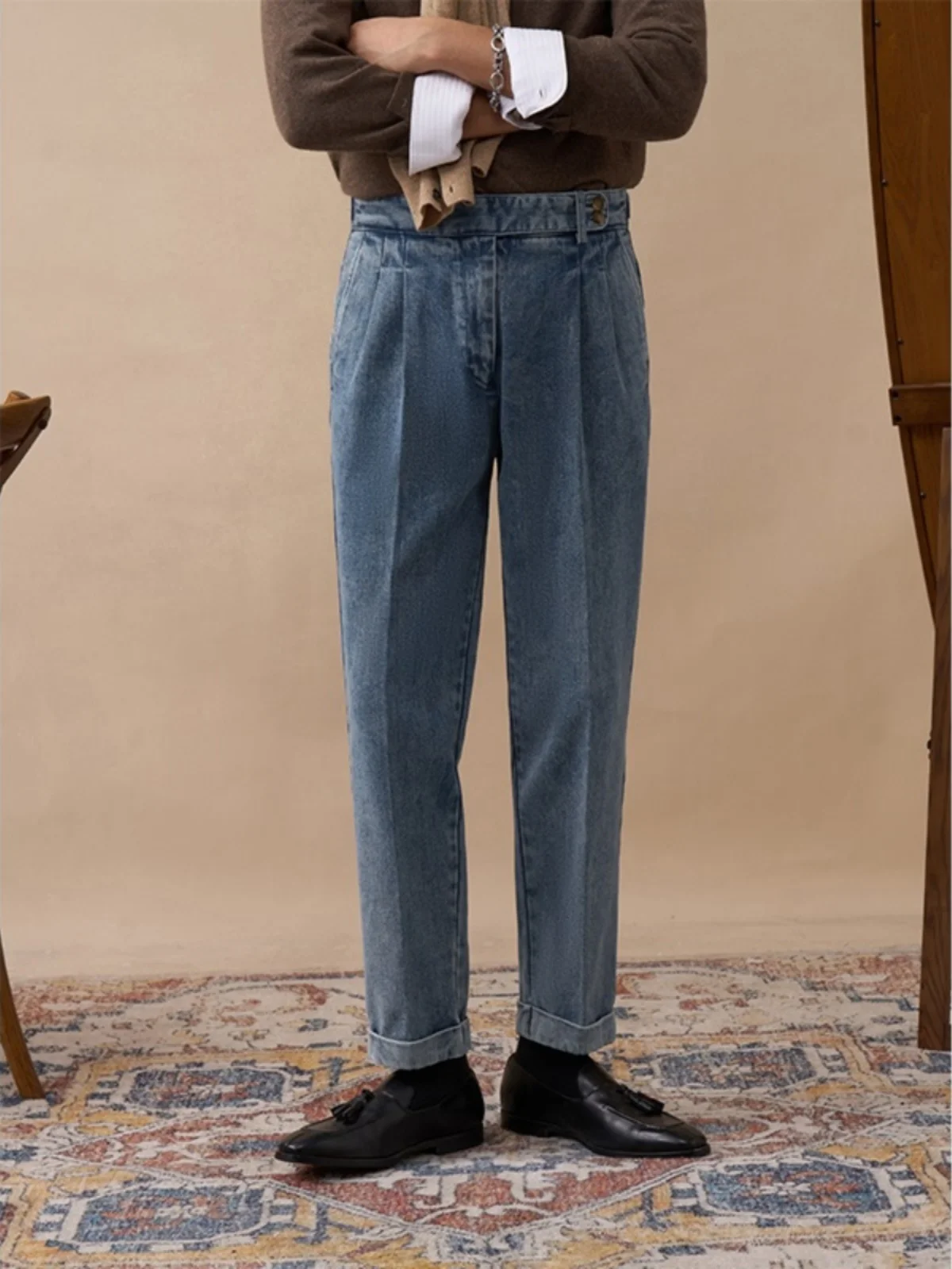 

Итальянские Неаполитанские прямые мужские джинсы с высокой талией, повседневные винтажные джинсовые брюки с зауженной талией, современные длинные брюки для молодежи