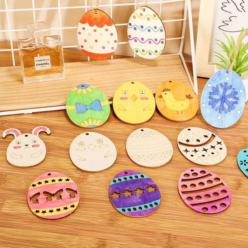 10pcs Easter Wooden Eggs Pendant Multi Type Wood Slices Hanging Ornaments For Easter Home Party Decoration Kids DIY Painting