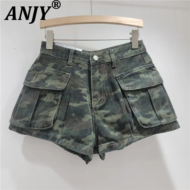 

ANJY Summer New Women's Vintage Chic Ins Fashion Y2K Streetwear Tide Pocket Camouflage Safari Style Denim Wide Leg Shorts A7134