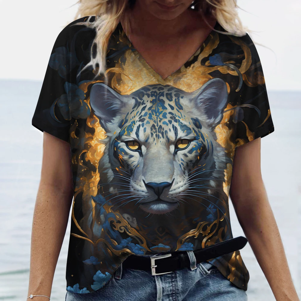 Camiseta con cuello en V para mujer, en 3d camisa con estampado de animales, camisetas divertidas de verano para mujer, ropa informal de gran tamaño